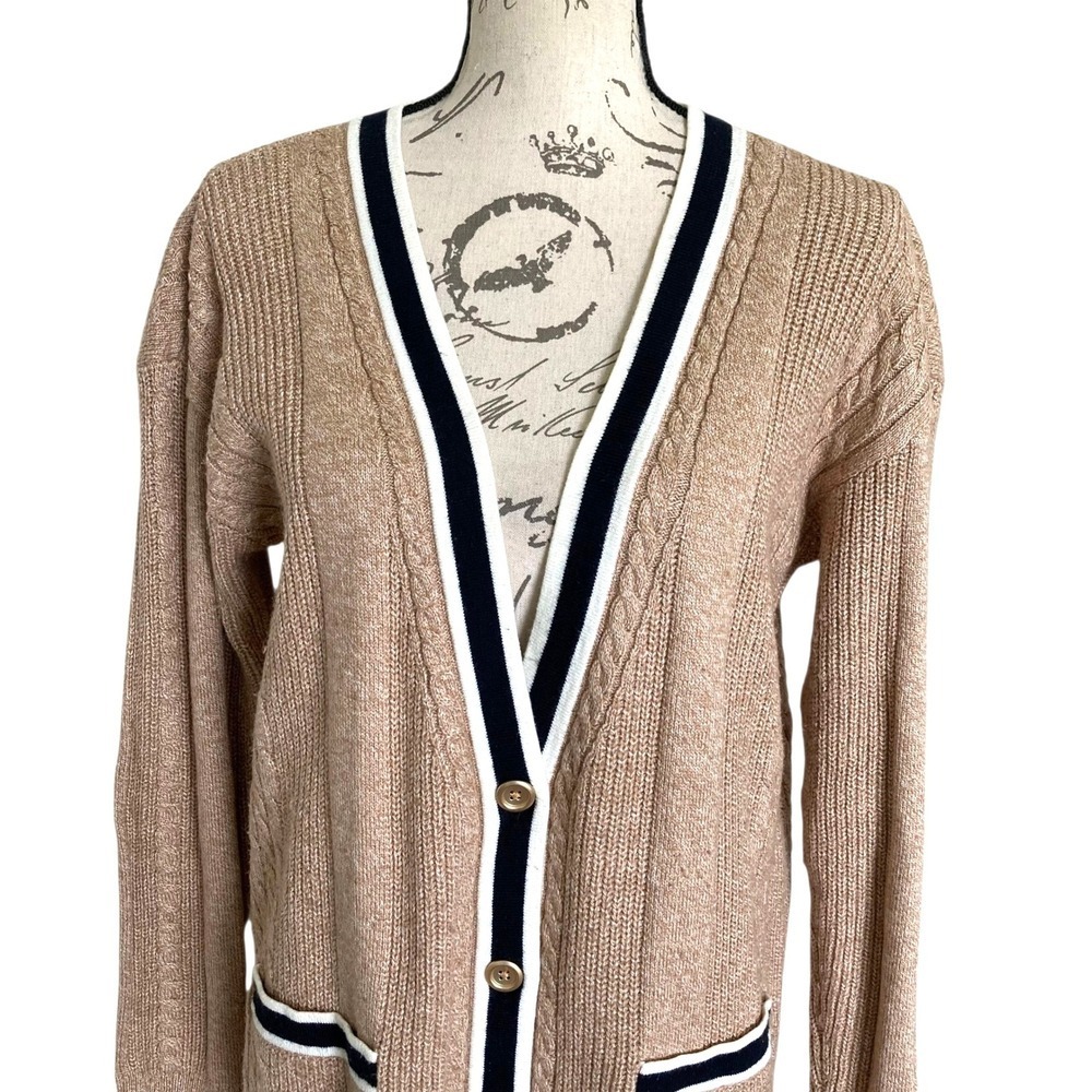 Talbots Cable Knit long Cardigan Sweater Size M Button down Cotton Preppy Tipped - Picture 5 of 17
